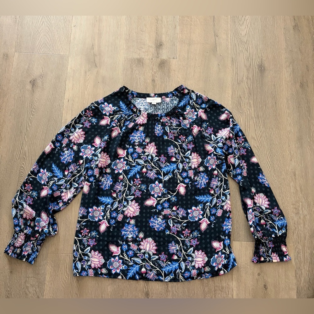 LOFT Black Floral Long-Sleeve Blouse with Pink & Blue Flowers
